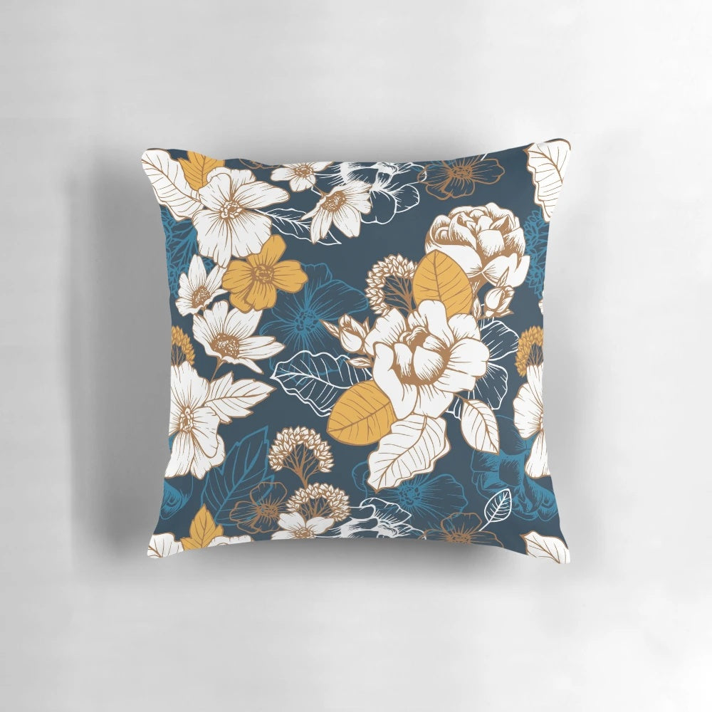 Navy and gold peony blossom seamless pattern pillow design