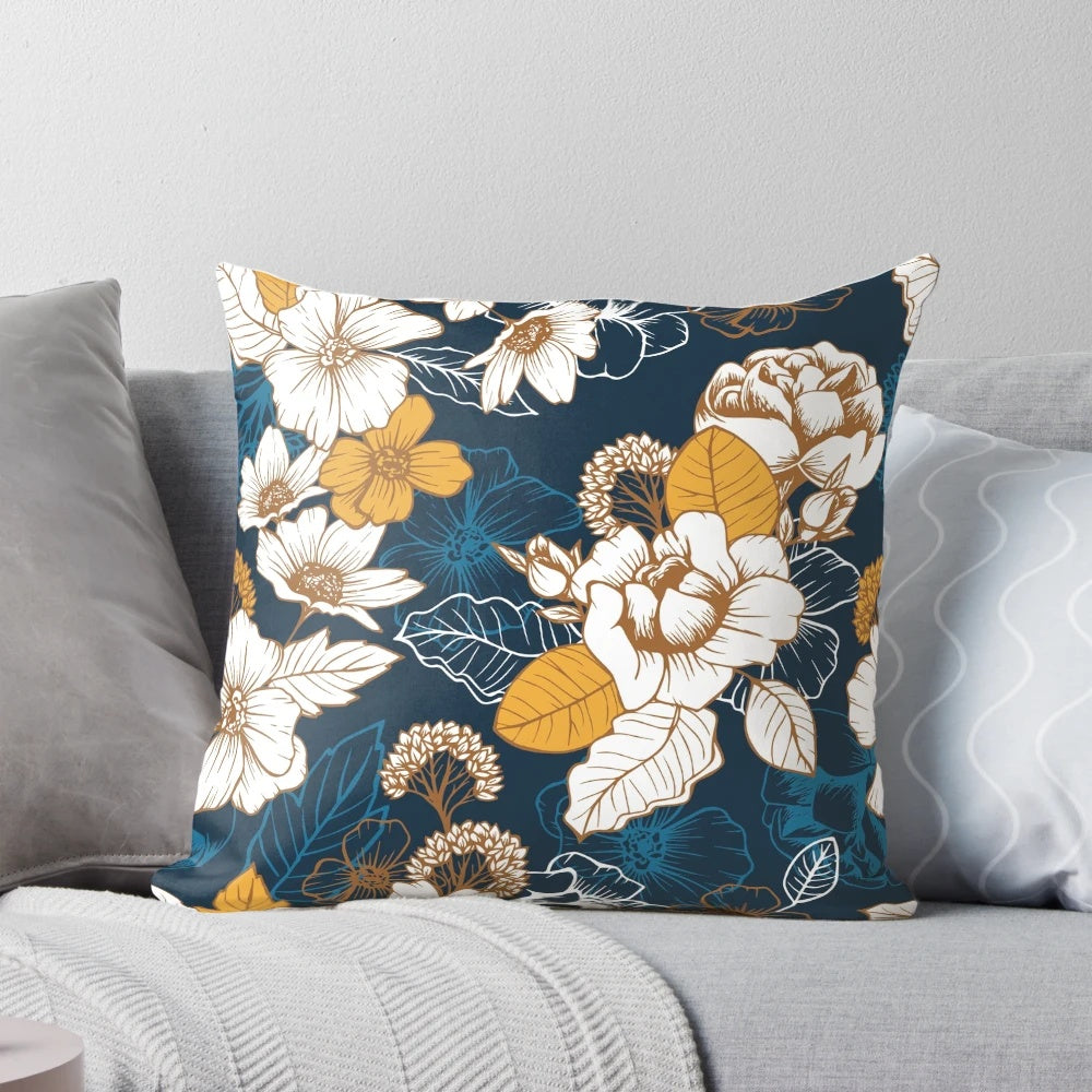 Navy and gold peony blossom seamless pattern pillow design