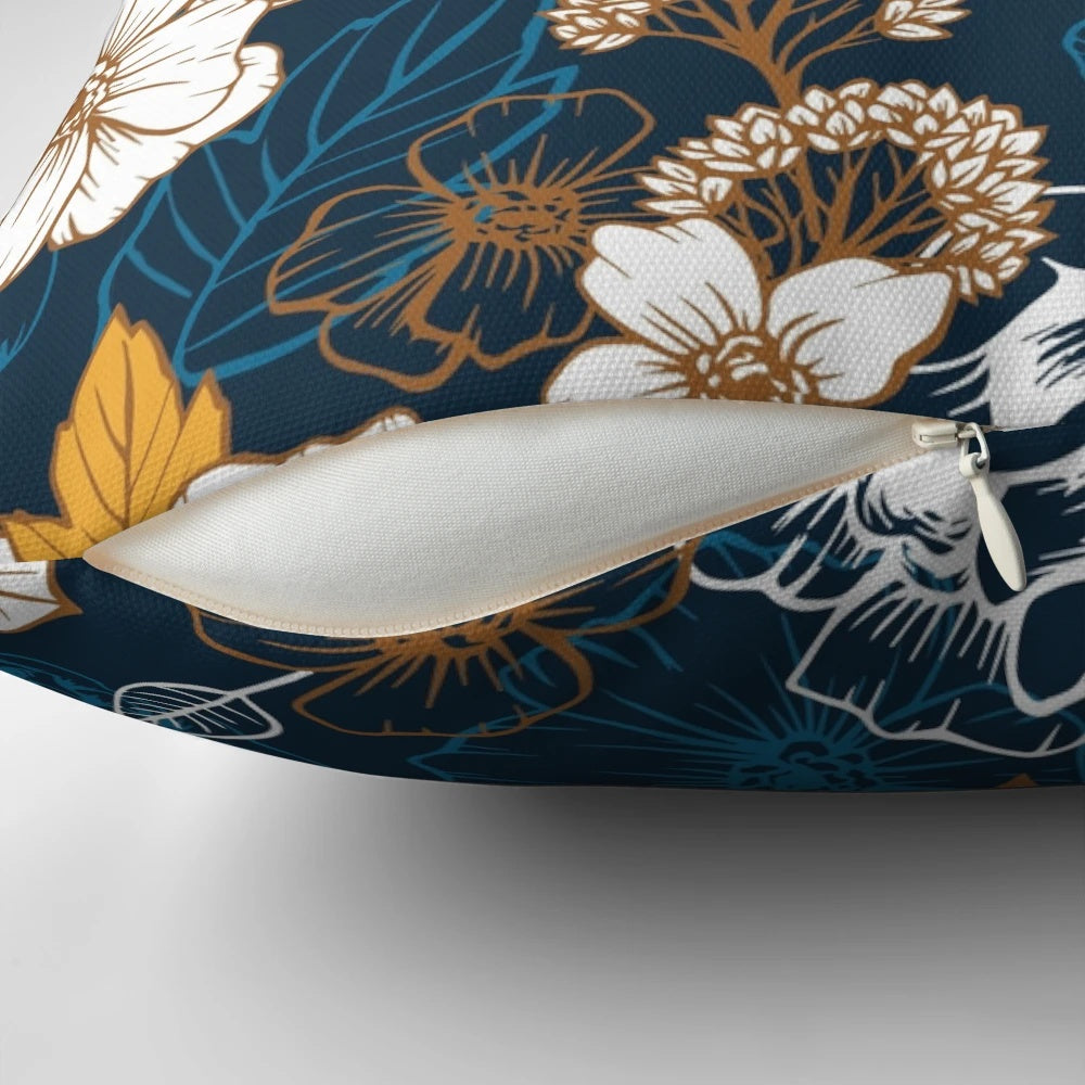 Navy and gold peony blossom seamless pattern pillow design