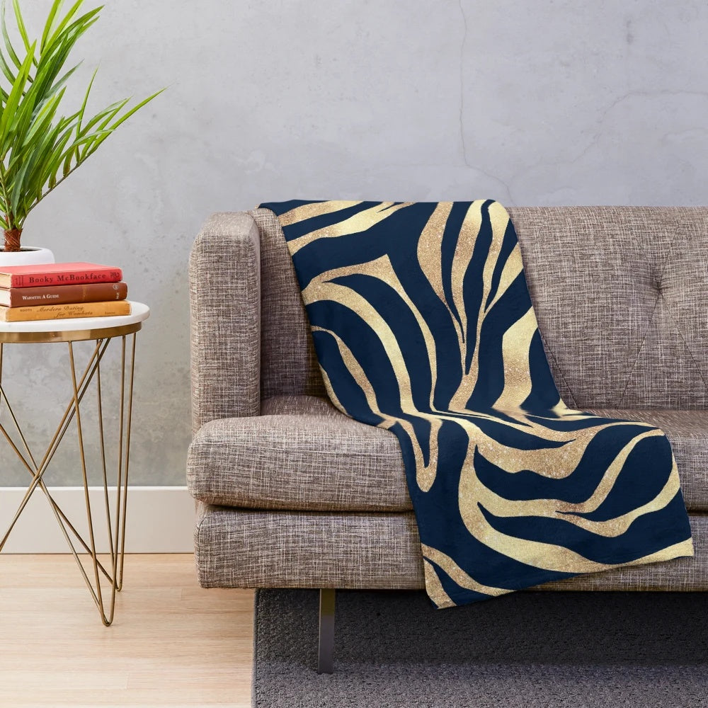 Navy blue and gold zebra print plush blanket