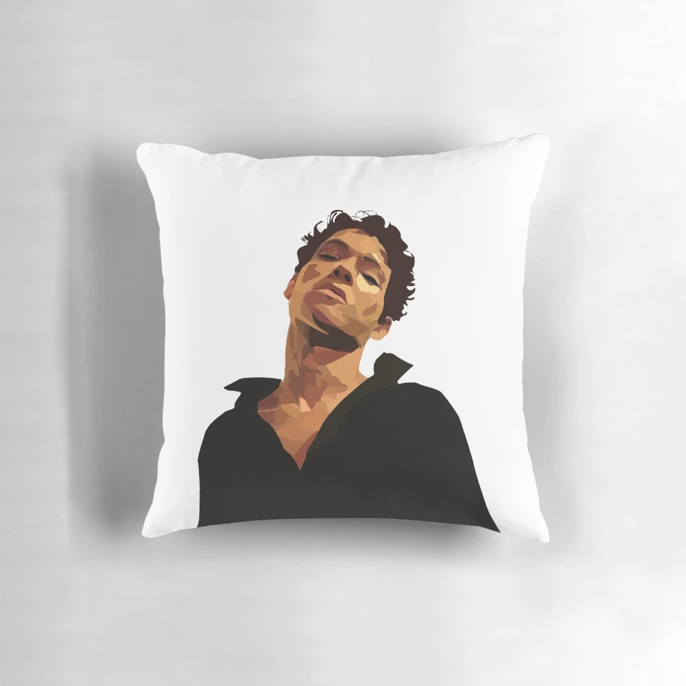 Stylish flat art pillow design featuring a black silhouette of singer Omar Rudberg