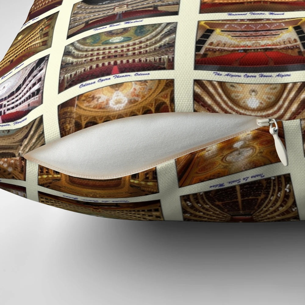 Decorative pillow featuring a classic opera house design
