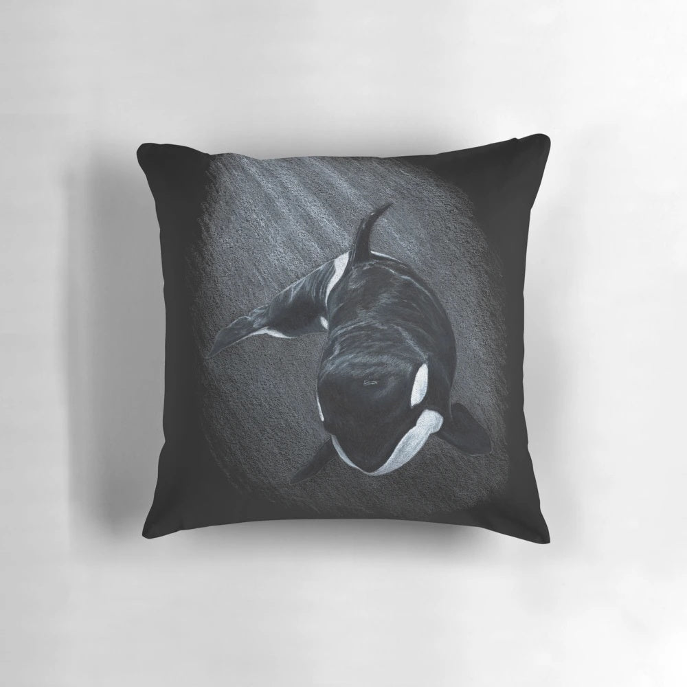 Soft, plush orca-shaped pillow in a monochrome black and white color scheme