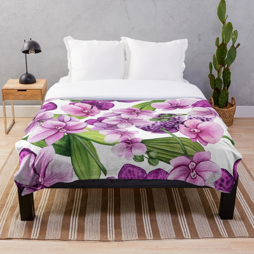 Elegant watercolor orchid floral pattern plush blanket