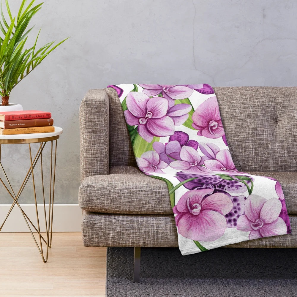 Elegant watercolor orchid floral pattern plush blanket