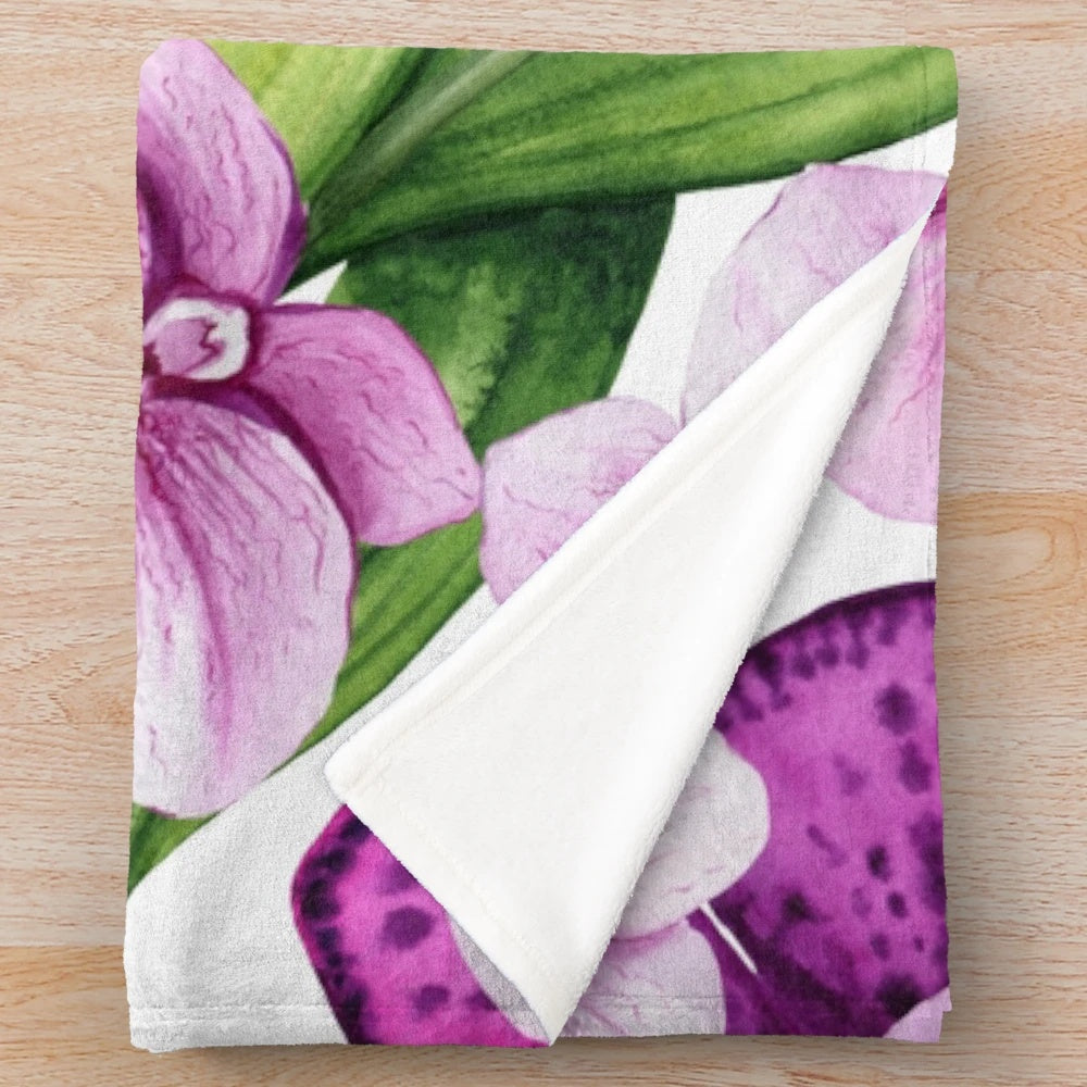 Elegant watercolor orchid floral pattern plush blanket