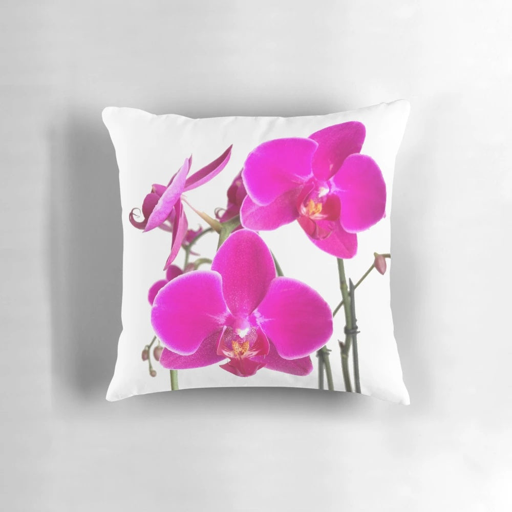 Close-up of a beautiful pink orchid flower on a plush pillow