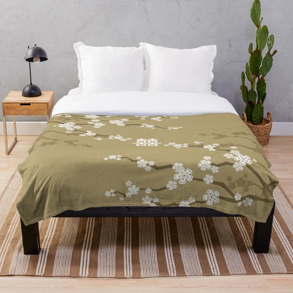 Elegant Oriental Cherry Blossom Plush Blanket featuring an artistic Japanese Sakura design