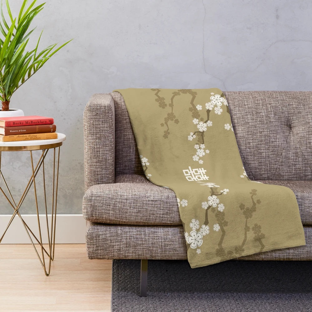 Elegant Oriental Cherry Blossom Plush Blanket featuring an artistic Japanese Sakura design