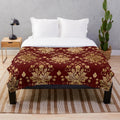Elegant Oriental Vintage Damask Pattern Plush Blanket in Red and Gold