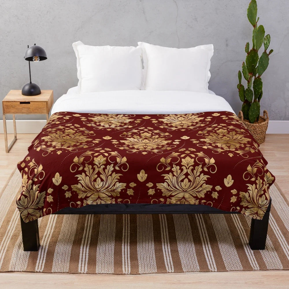 Elegant Oriental Vintage Damask Pattern Plush Blanket in Red and Gold