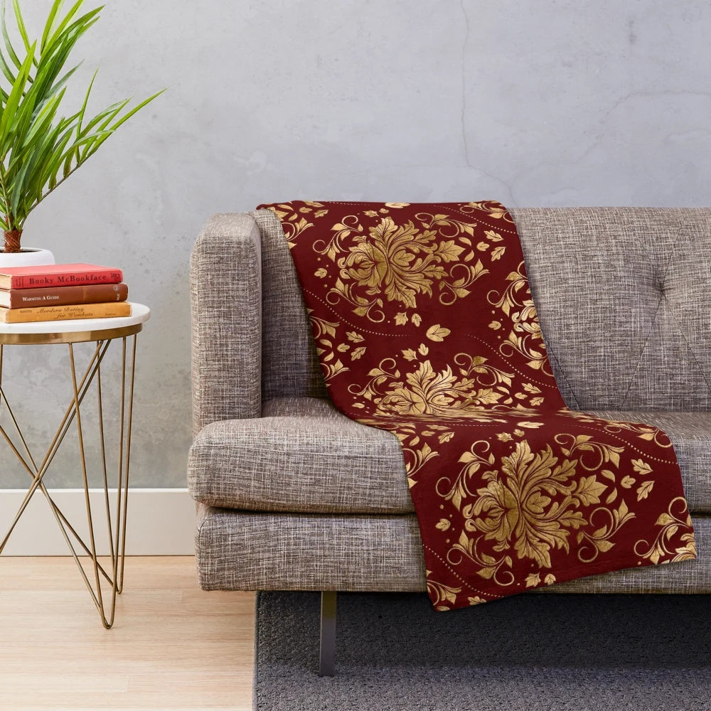 Elegant Oriental Vintage Damask Pattern Plush Blanket in Red and Gold
