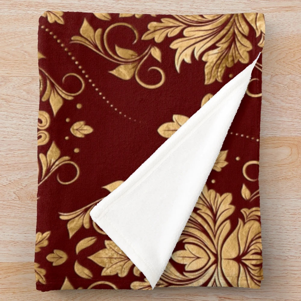 Elegant Oriental Vintage Damask Pattern Plush Blanket in Red and Gold