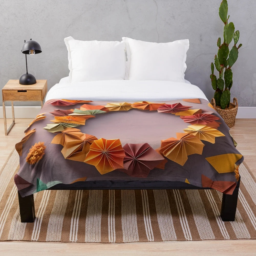 Origami art autumn wreath plush blanket with vibrant fall leaves