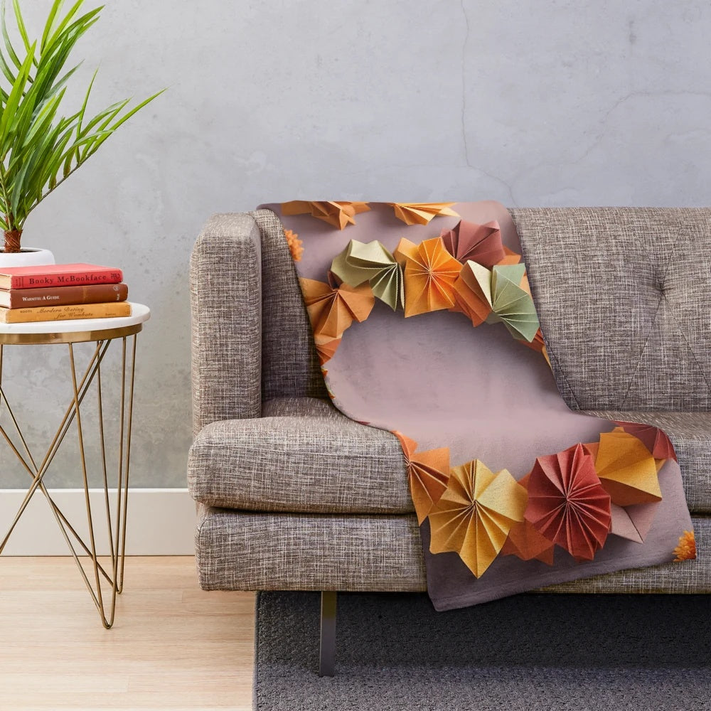 Origami art autumn wreath plush blanket with vibrant fall leaves