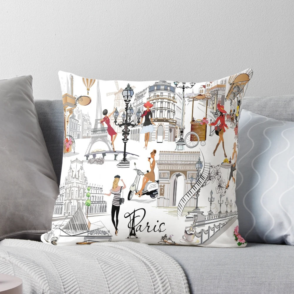 A luxurious travel pillow featuring a stylish Parisian-inspired design with the Eiffel Tower, flowers, and gold accents.