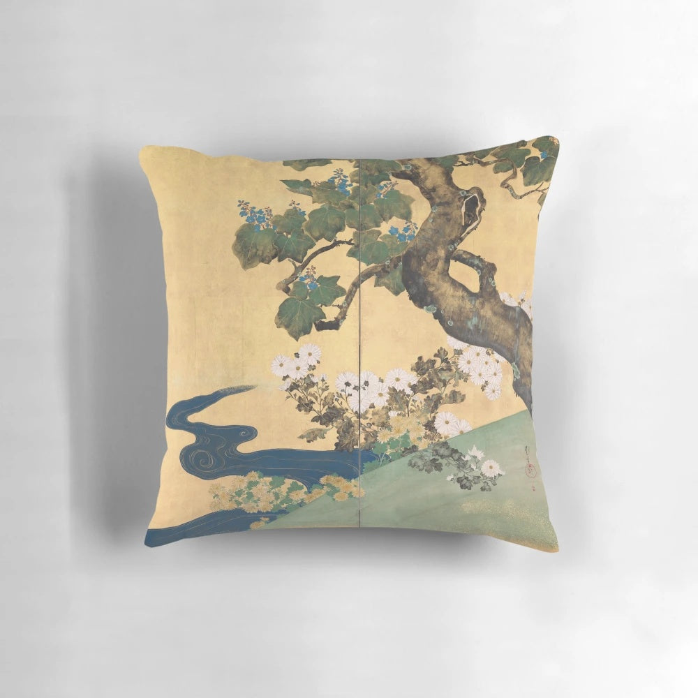 Pillow featuring a beautiful design of paulownia and chrysanthemum flowers inspired by Japanese art and screens.