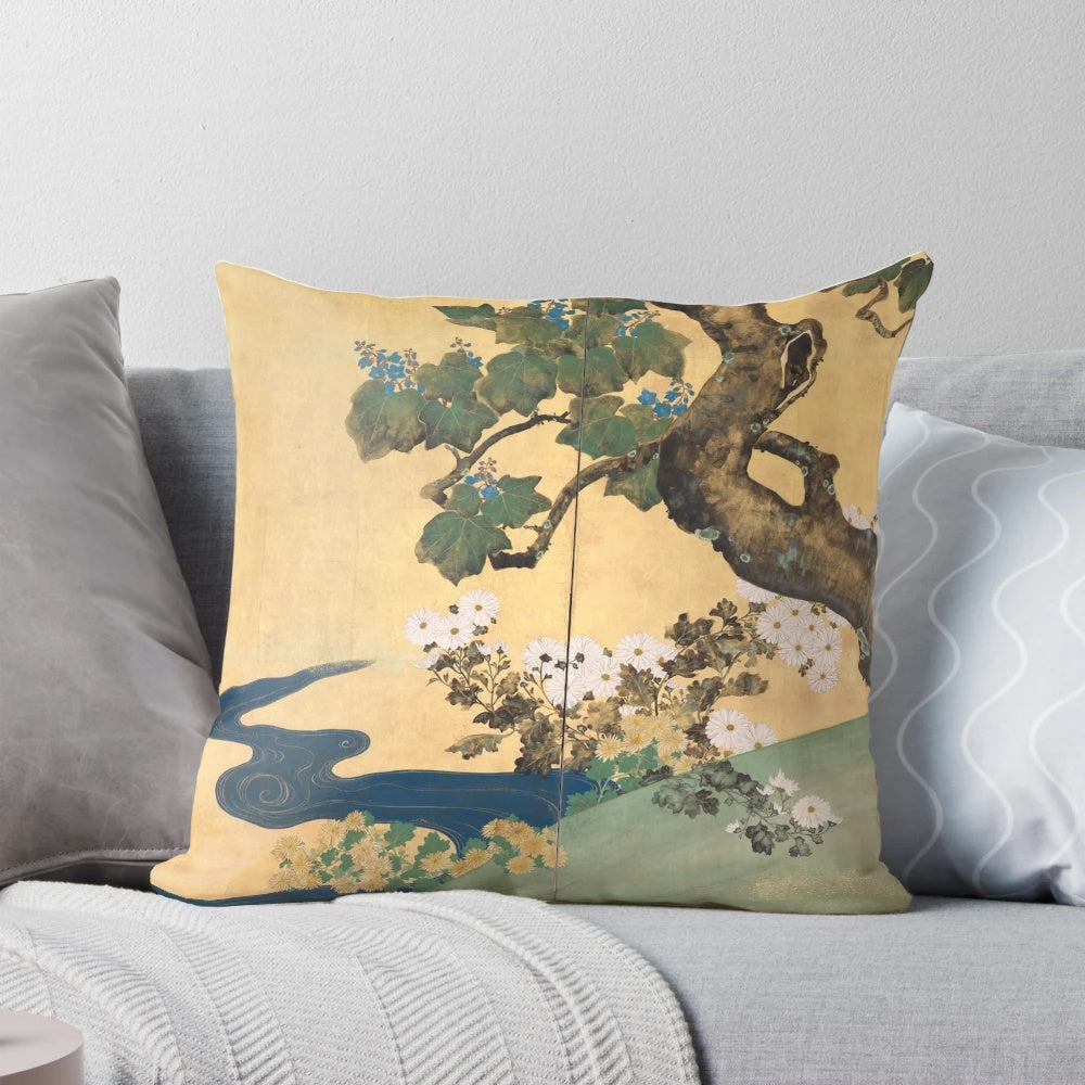 Pillow featuring a beautiful design of paulownia and chrysanthemum flowers inspired by Japanese art and screens.