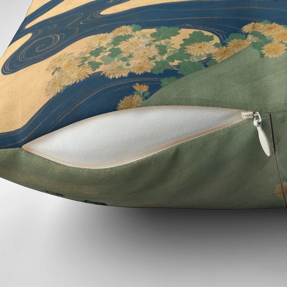 Pillow featuring a beautiful design of paulownia and chrysanthemum flowers inspired by Japanese art and screens.