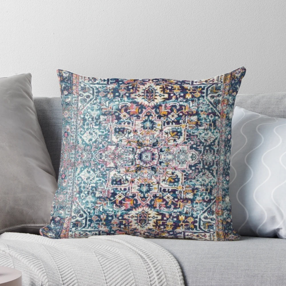 Persian antique carpet pattern pillow with blue, gold, and ochre colors.