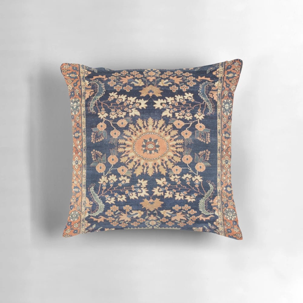 Sarouk Persian Floral Rug Print Pillow with vibrant blue and salmon colors