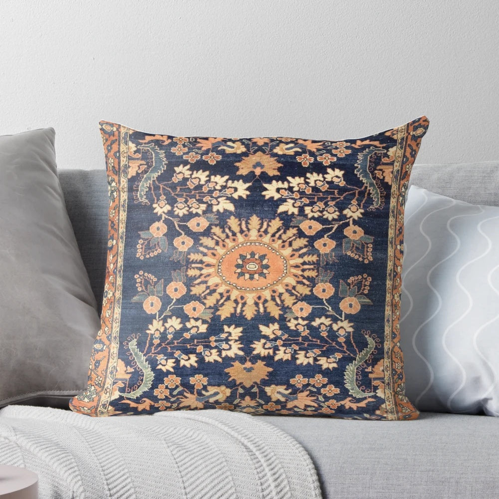 Sarouk Persian Floral Rug Print Pillow with vibrant blue and salmon colors