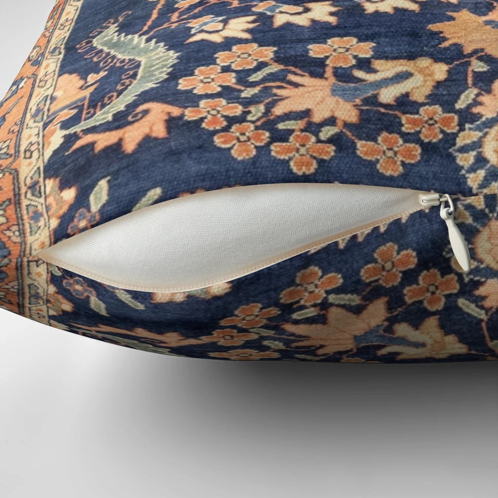 Sarouk Persian Floral Rug Print Pillow with vibrant blue and salmon colors