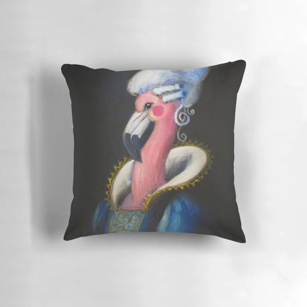 Soft, pink pillow featuring a portrait of Marie Antoinette in a whimsical, historical design.