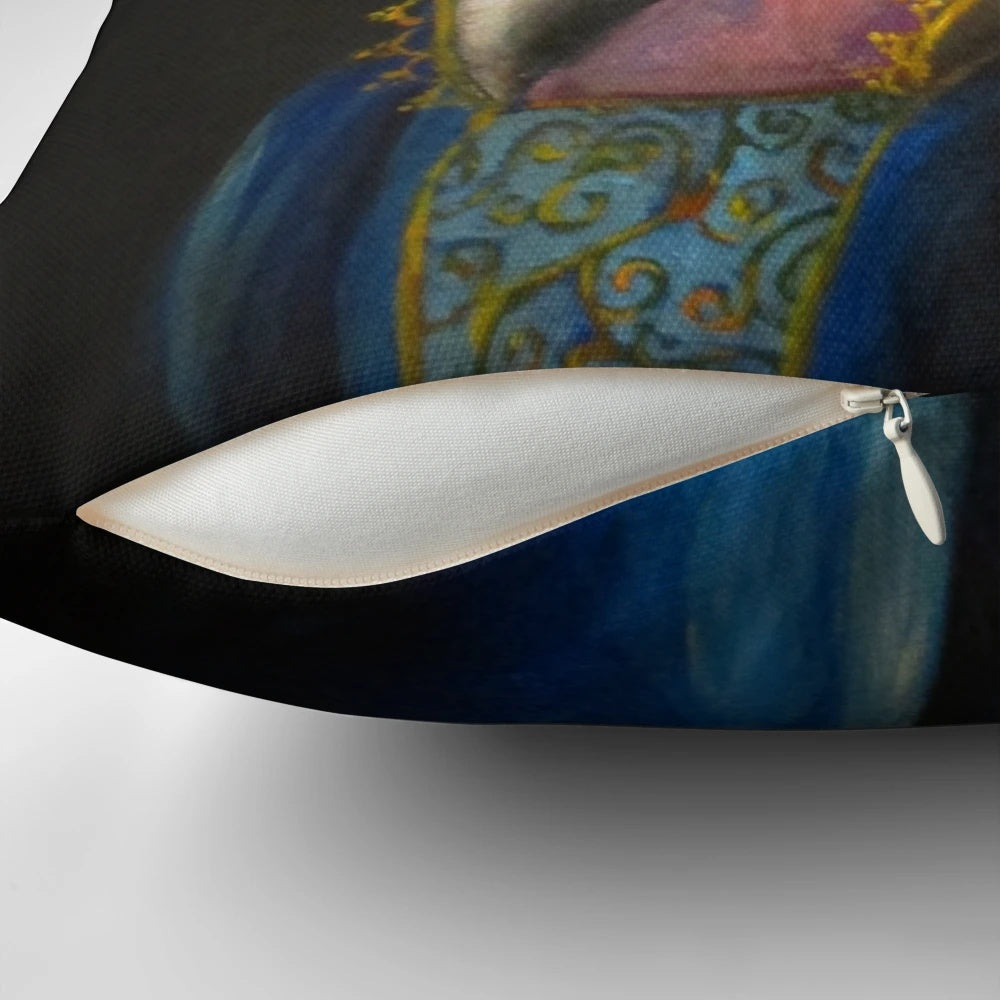 Soft, pink pillow featuring a portrait of Marie Antoinette in a whimsical, historical design.