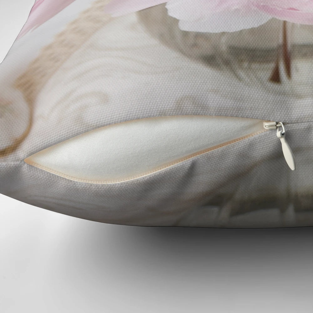 Soft and feminine pink peonies floral design on a plush accent pillow