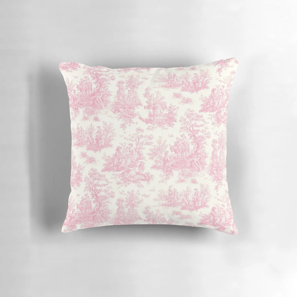 Soft and beautiful pink vintage toile pillow for shabby chic home decor