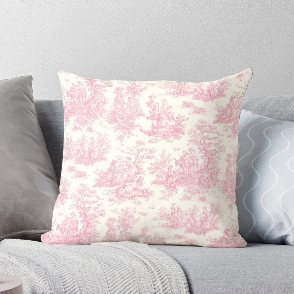 Soft and beautiful pink vintage toile pillow for shabby chic home decor
