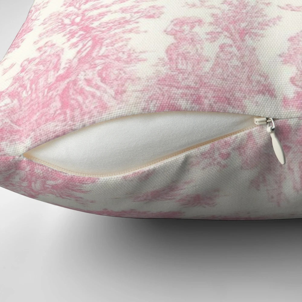 Soft and beautiful pink vintage toile pillow for shabby chic home decor