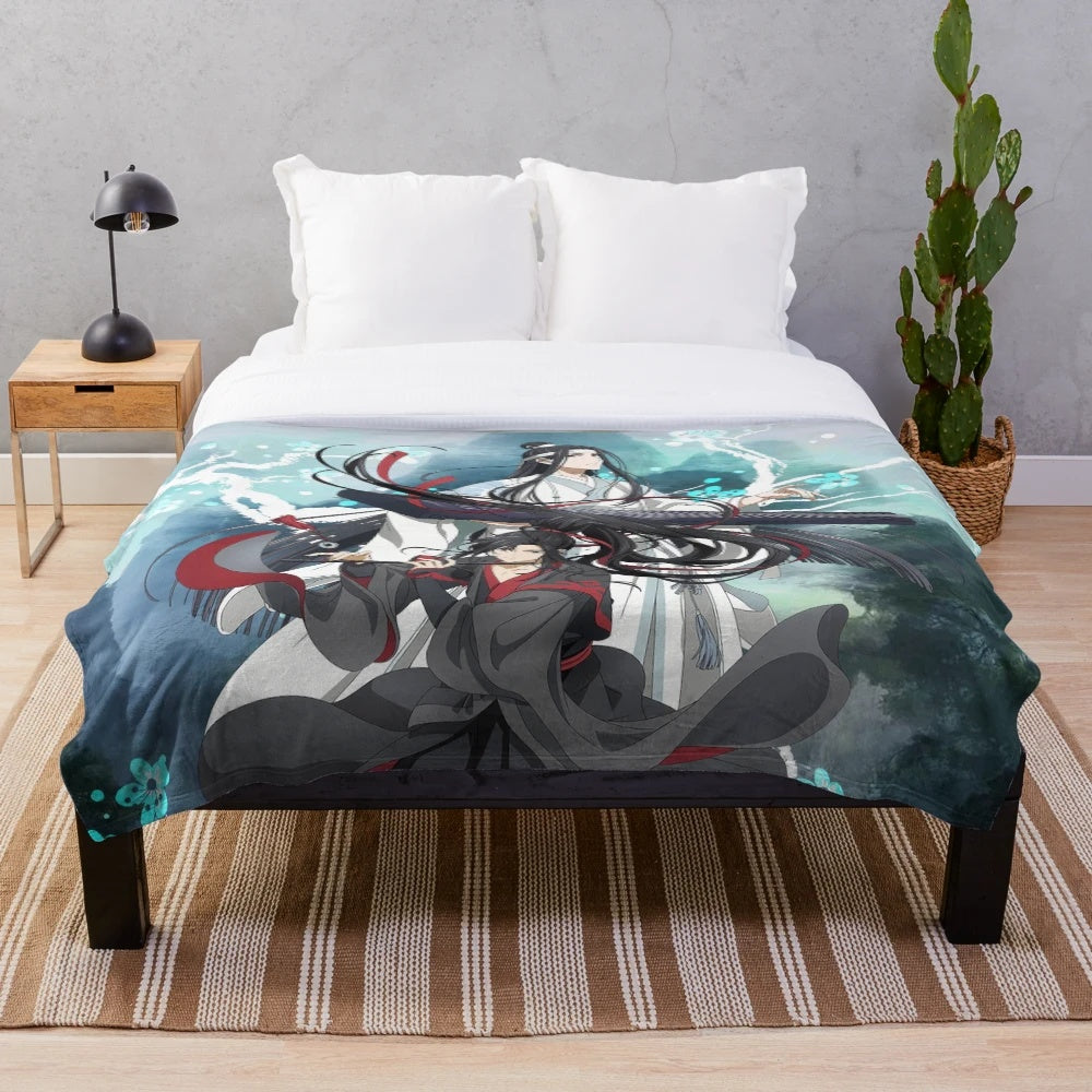 A cozy plush blanket depicting Lan Wangji and Wei Wuxian from the popular anime/novel series Mo Dao Zu Shi.