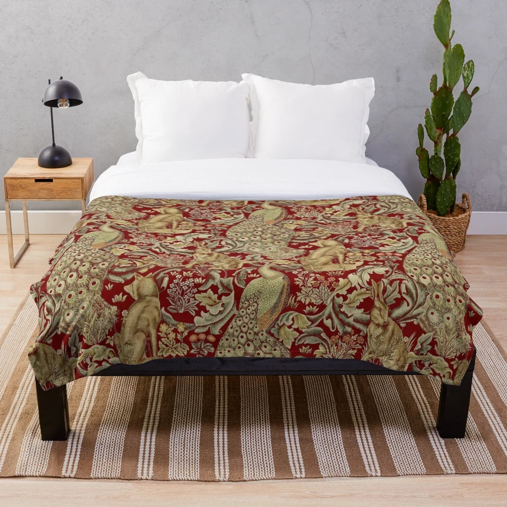 Plush blanket with a vintage forest animal and peacock floral design