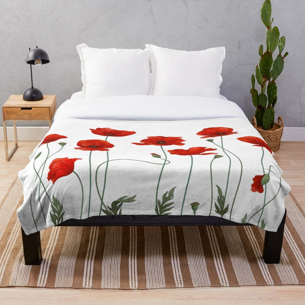Plush blanket with elegant red and white poppy flower design