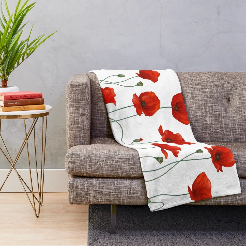 Plush blanket with elegant red and white poppy flower design