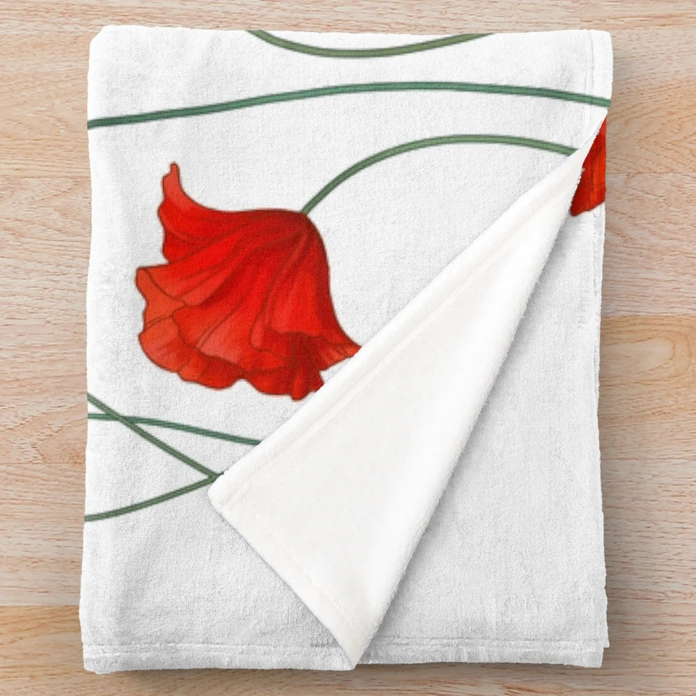 Plush blanket with elegant red and white poppy flower design