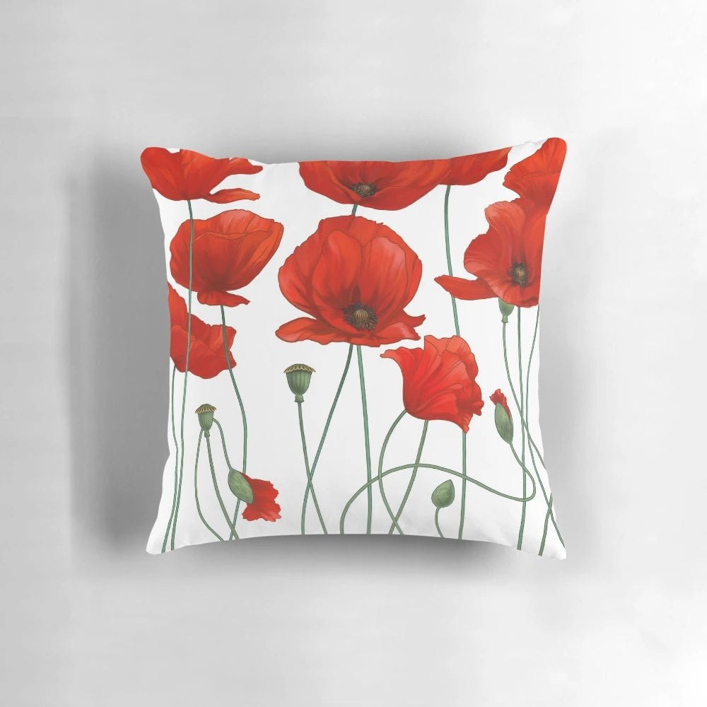 Soft and subtle poppy stems printed on a decorative floral pillow