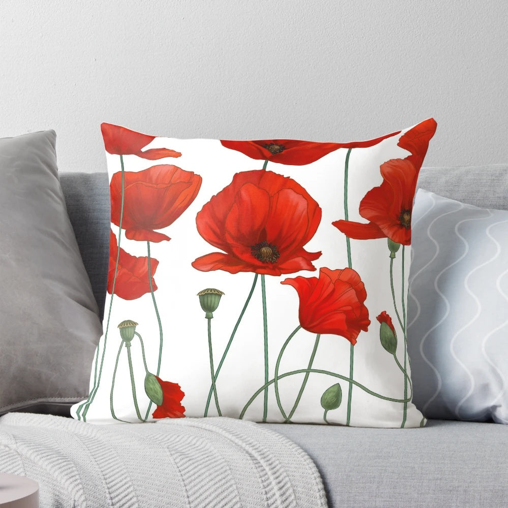 Soft and subtle poppy stems printed on a decorative floral pillow