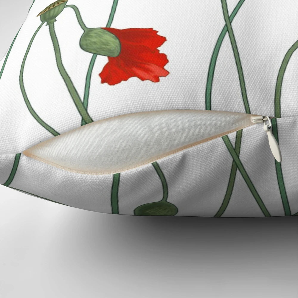 Soft and subtle poppy stems printed on a decorative floral pillow