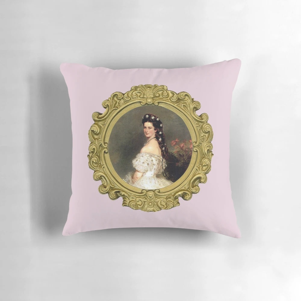 "Ornate portrait pillow featuring a classic, historical figure in a rococo-inspired style"