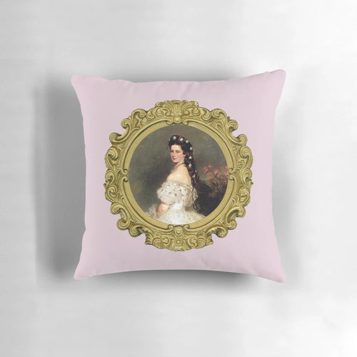 "Ornate portrait pillow featuring a classic, historical figure in a rococo-inspired style"