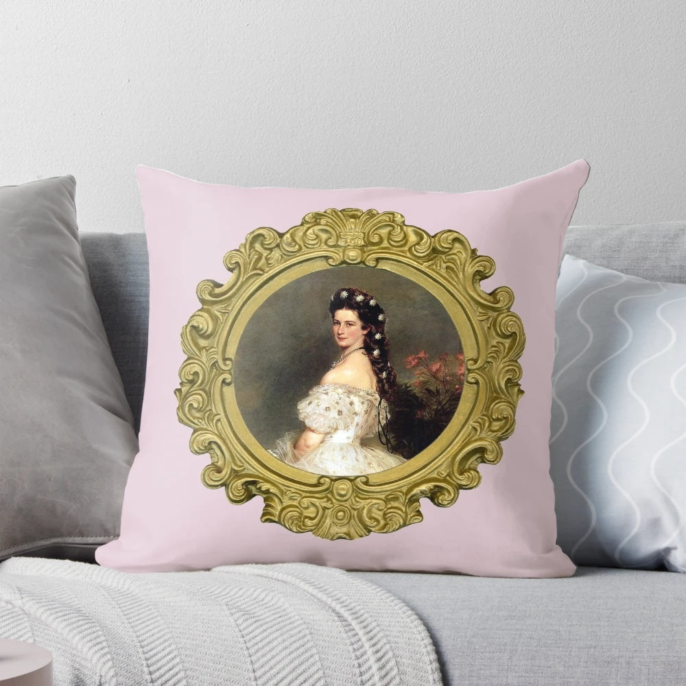 "Ornate portrait pillow featuring a classic, historical figure in a rococo-inspired style"