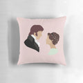 Cozy Pride and Prejudice-themed throw pillow with a classic literary design