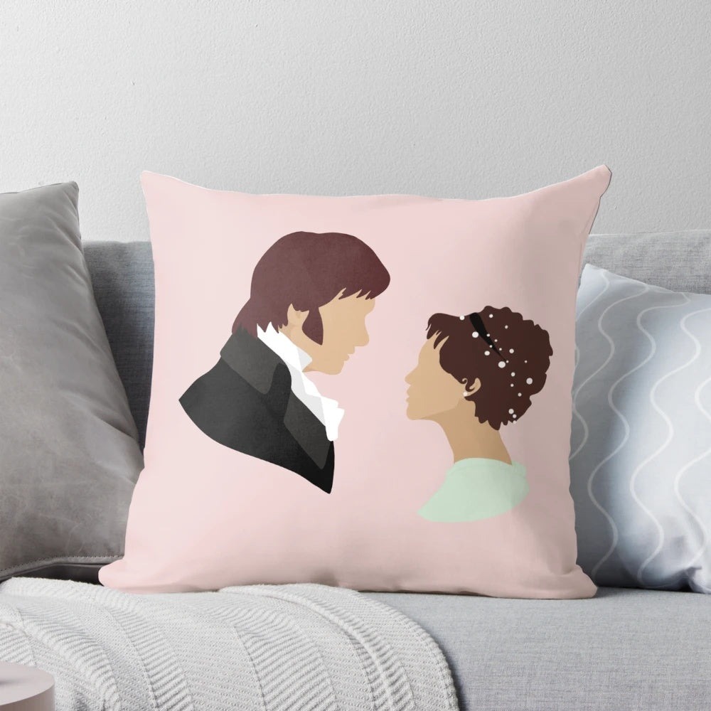 Cozy Pride and Prejudice-themed throw pillow with a classic literary design