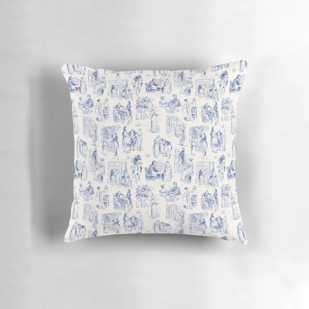 Pride and Prejudice inspired toile fabric pillow with vintage Regency-era design