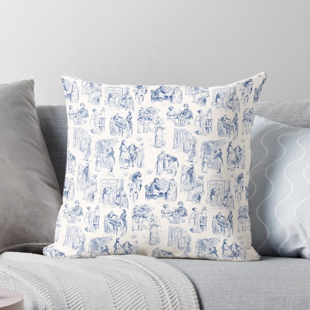 Pride and Prejudice inspired toile fabric pillow with vintage Regency-era design