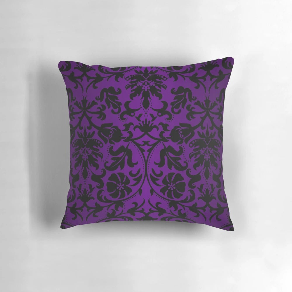 Purple and black damask pattern decorative throw pillow for modern home decor