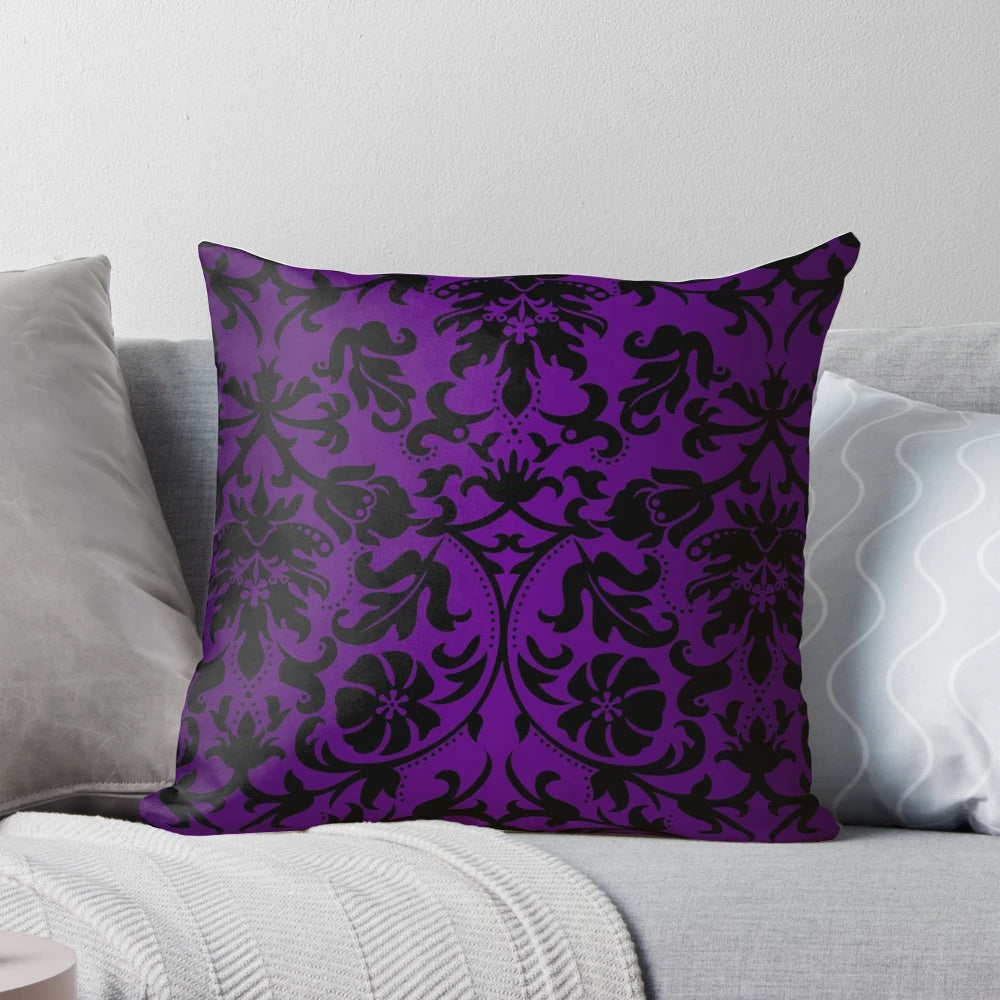Purple and black damask pattern decorative throw pillow for modern home decor